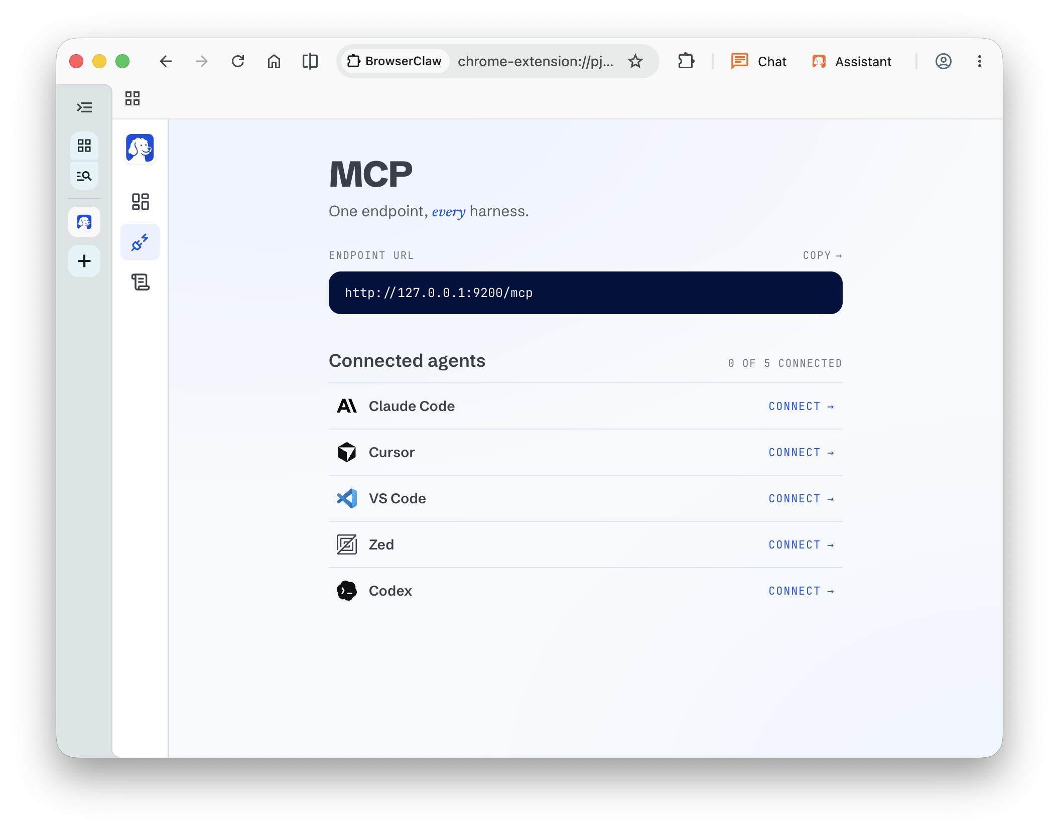 BrowserOS neo MCP install board with the endpoint URL and one-click Connect buttons next to Claude Code, Cursor, VS Code, Zed, and Codex
