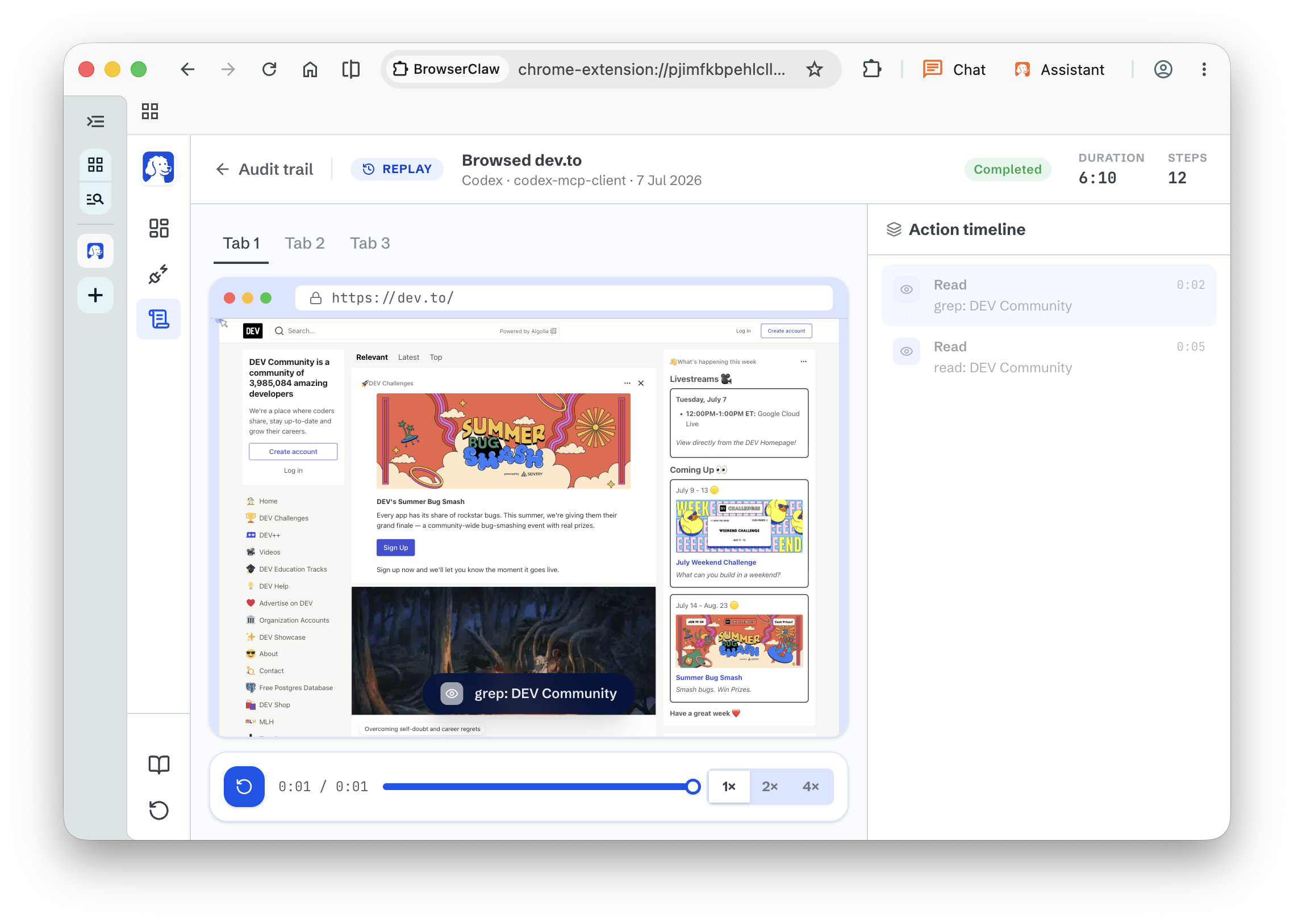 Replay player mid-scrub with tabs, video scrubber, and an action timeline sidebar of tool events