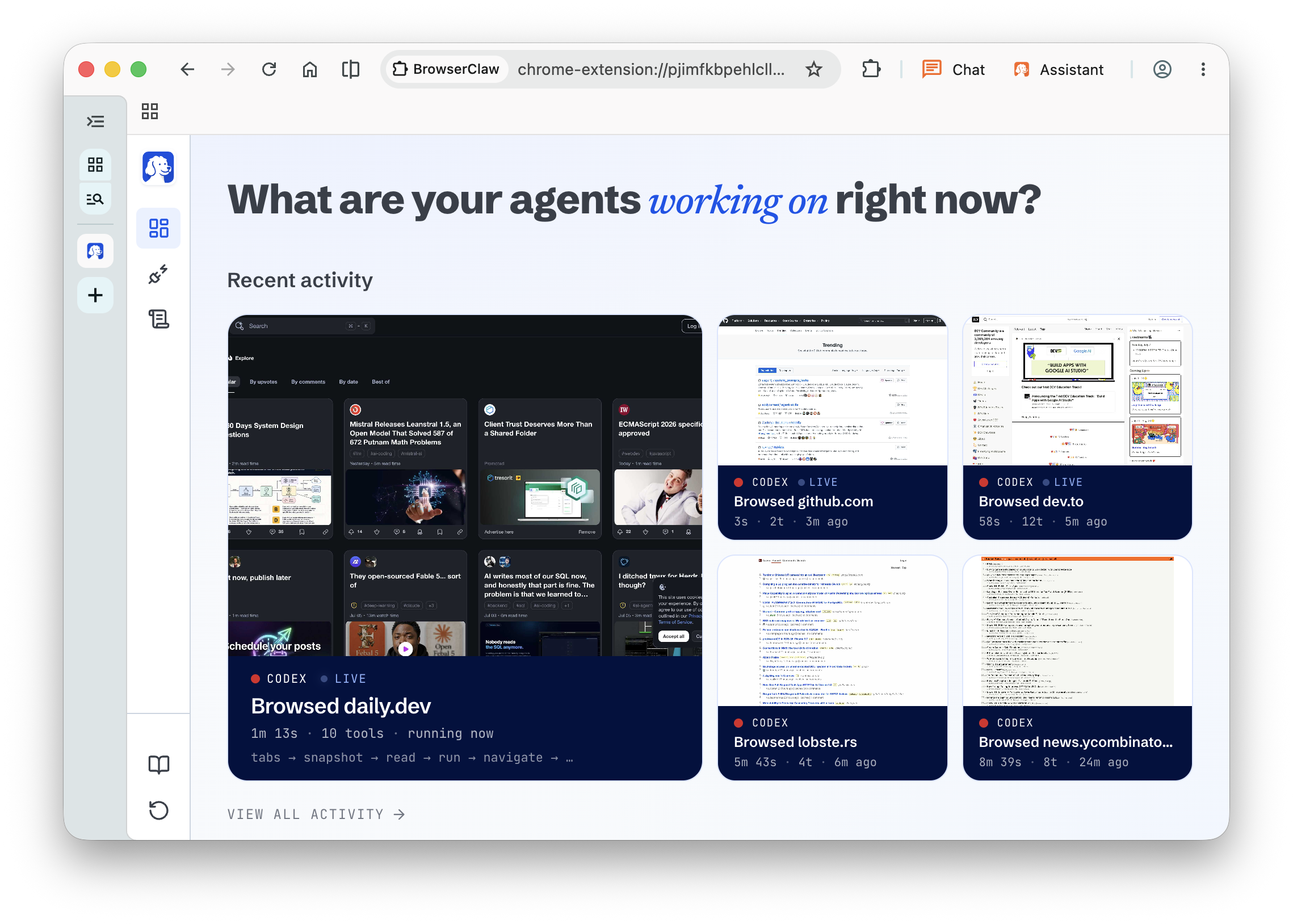Cockpit home dashboard with a live tile for each site a Codex agent is currently browsing